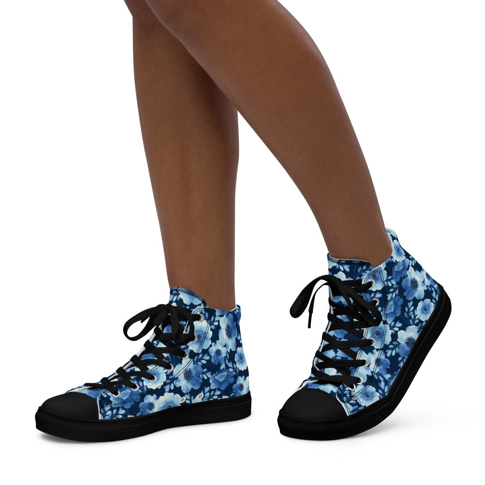 True Blue Floral Women’s High Top Sneakers - Black Color - https://ascensionemporium.net